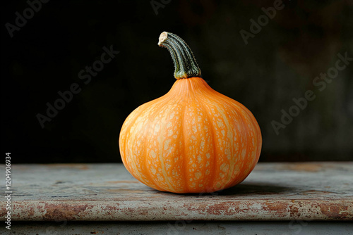 Small Orange Pumpkin Sits On Weathered Wood Surface