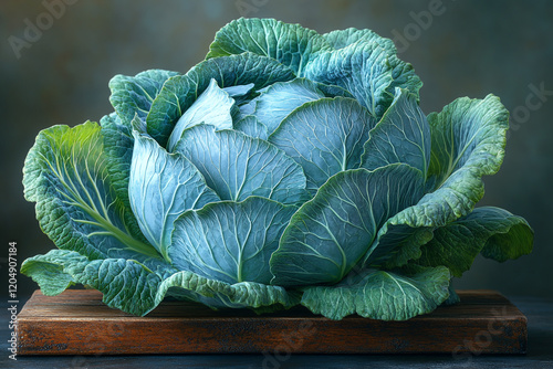 A Single Head Of Green Cabbage On Wooden Board