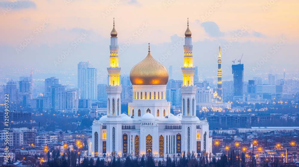 Obraz premium Panoramic View of Bustling City with Illuminated Buildings and Golden Dome Mosque at Dusk