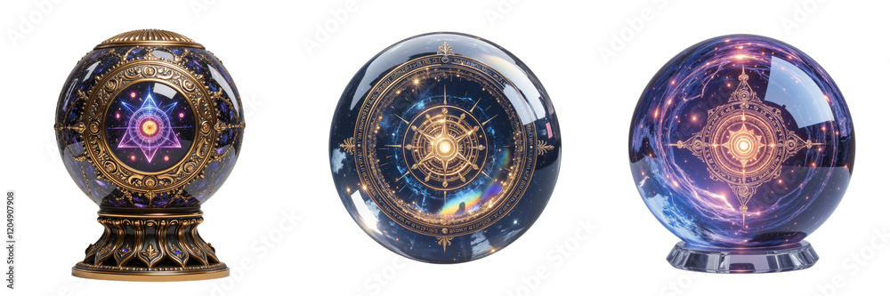 Intricate Crystal Orbs Displaying Symbolic Designs on Stands Intricate Crystal Orbs Displaying Symbolic Designs on Stands