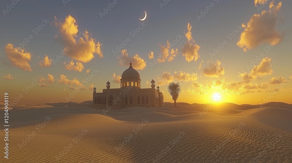 Obraz premium Serene Desert Mosque Illuminated by Warm Sunset Light with Crescent Moon Overhead