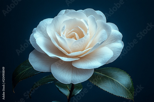 A single creamy white camellia flower blossoms elegantly