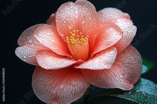 Dew Drops Adorn a Delicate Pink Camellia Blossom