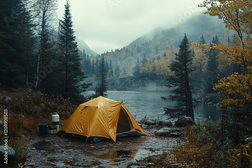 Yellow Tent Campsite Misty Autumn Lake Forest