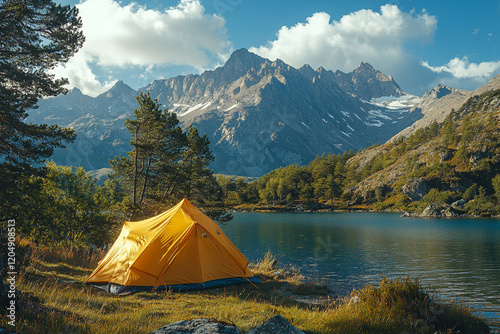 Yellow tent pitched lakeside majestic mountain backdrop