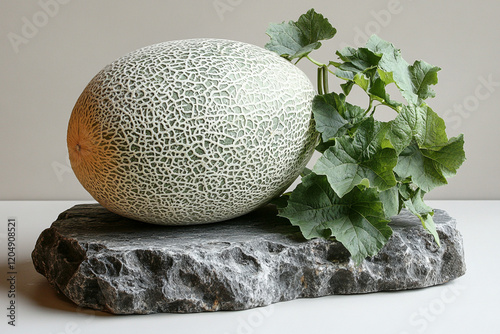 A green cantaloupe melon rests on a stone with its vine