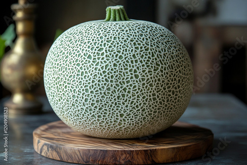 A whole cantaloupe melon rests on a wooden board