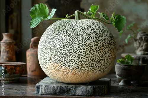 A cantaloupe rests on a stone with its vine attached