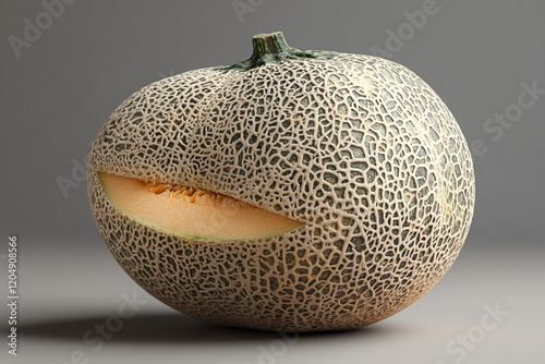 A cantaloupe melon partially sliced open revealing its orange flesh
