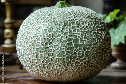 A whole cantaloupe melon sits on a wooden surface