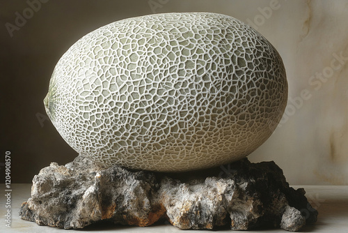 A Single Cantaloupe Rests Upon A Rough Rock