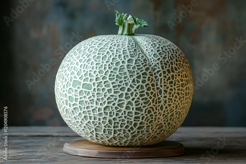 A Single Green Cantaloupe Melon on a Wooden Stand