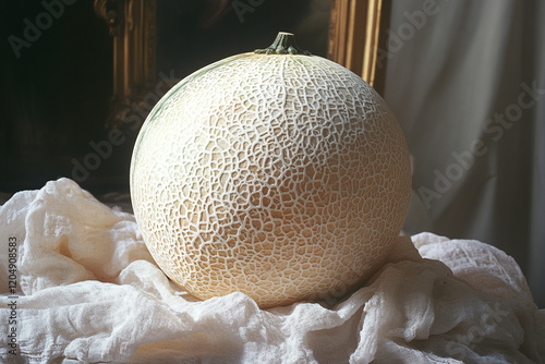 A Single Pale Honeydew Melon Rests on Fabric