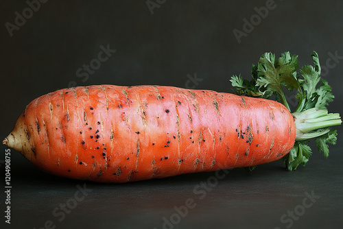 A single roasted carrot with fresh green tops