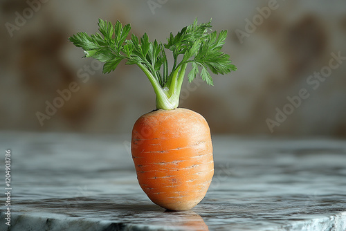 A single fresh carrot with green tops stands upright