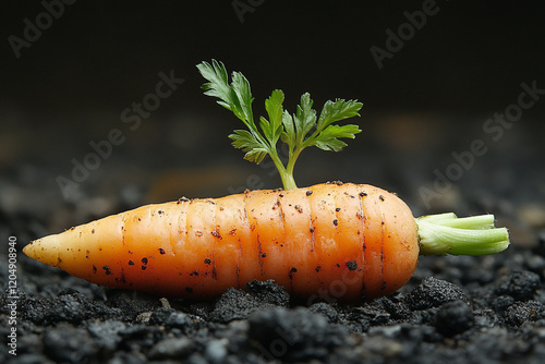 Small Carrot Sprouting From Dark Soil