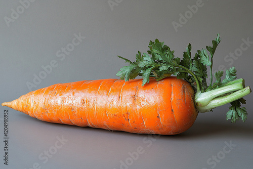 Single large carrot with fresh green tops