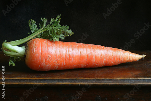 Single Large Carrot Rests On Dark Wood Surface