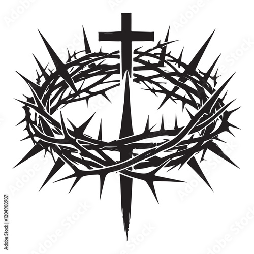 The Crown of Thorns Silhouette Vector Illustration, Solid White Background.