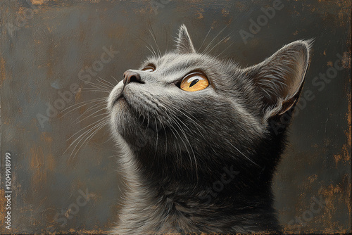 Grey Cat Gazing Upwards With Bright Yellow Eyes
