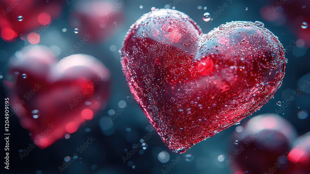 Red glass hearts floating in water with bokeh effect. Red glass hearts floating in water with bokeh effect.
