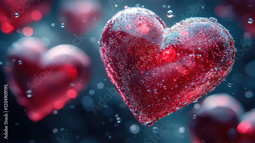 Red glass hearts floating in water with bokeh effect.