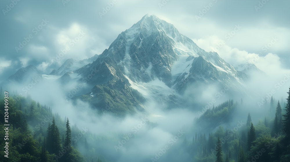 Obraz premium A snowy mountain peak is visible through low clouds and trees