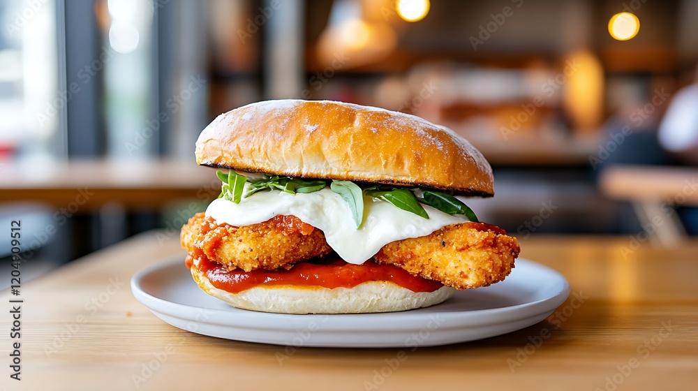 Delicious crispy chicken parmesan sandwich on a bun with mozzarella and basil. Delicious crispy chicken parmesan sandwich on a bun with mozzarella and basil.