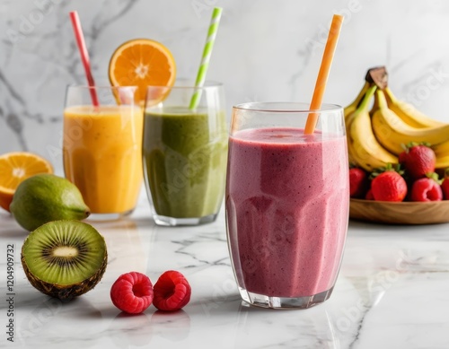 Refreshing Fruit Smoothies in Glasses on Marble Tabletop