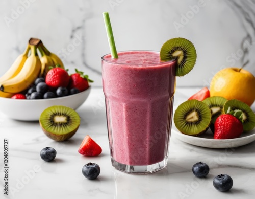 Refreshing Berry Kiwi Smoothie in Glass with Fresh Fruits on Marble Table