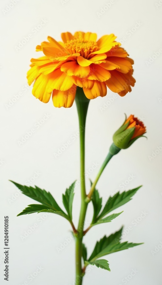 Marigold blooms on a stem against a soft white background, plant, marigold, garden Marigold blooms on a stem against a soft white background, plant, marigold, garden