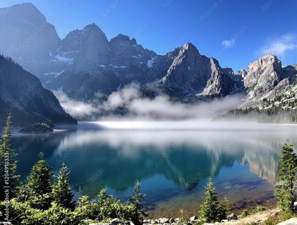 Serene Mountain Lake with Fog and Stunning Mountain Reflections at Sunrise Serene Mountain Lake with Fog and Stunning Mountain Reflections at Sunrise