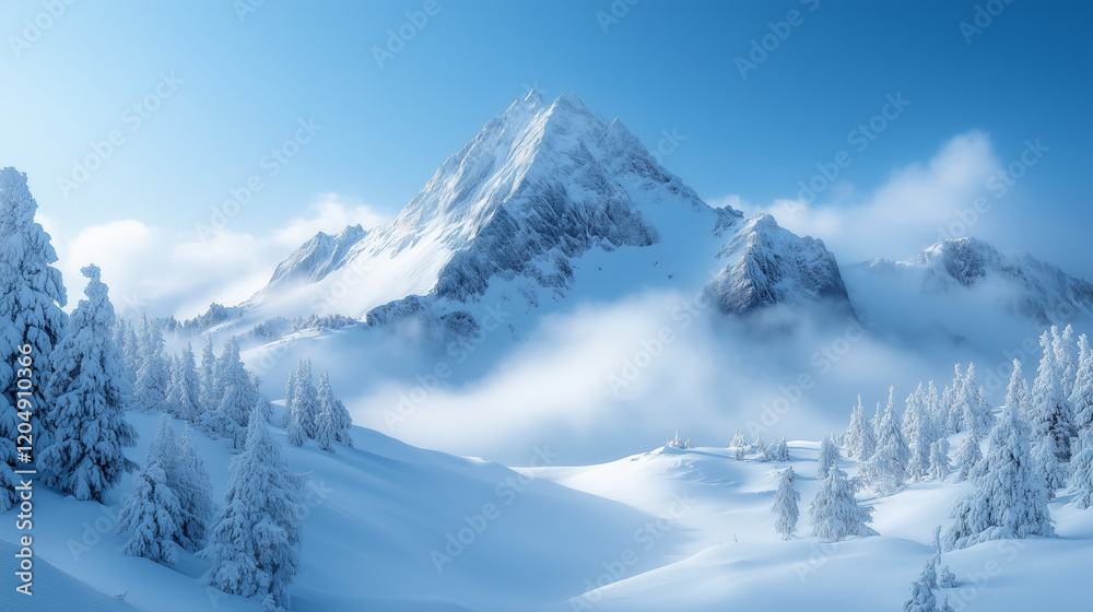 Fototapeta premium A snow-capped mountain with mist and trees