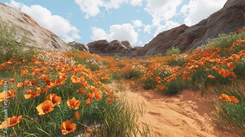 Desert Poppy Trail, Canyon Bloom, Sunny Day photo