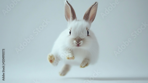 A white rabbit is jumping in the air