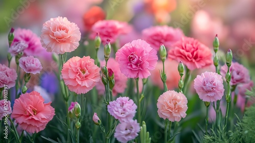 Lush garden filled blooming carnations pink and magenta hues bright and fresh atmosphere