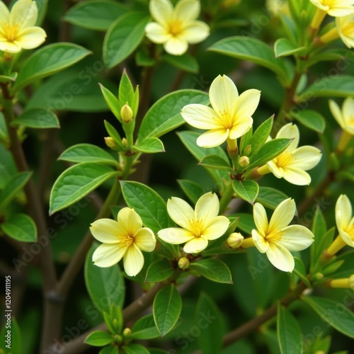 Pale yellow flowers on a bush with delicate branches and green foliage, Delicate Flowers, Greenery, Garden