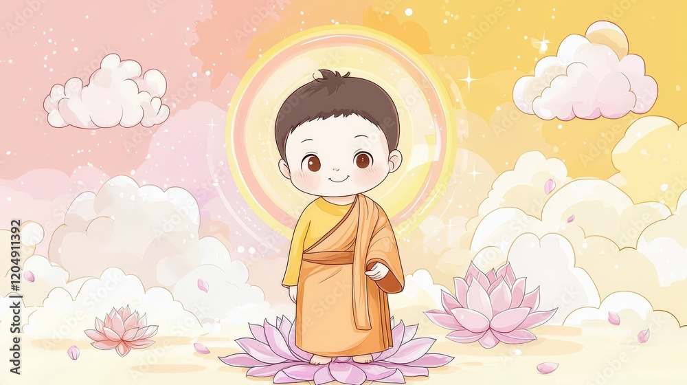 Cute Child Avatar in Orange Robe Surrounded by Lotus Flowers and Soft Clouds Cute Child Avatar in Orange Robe Surrounded by Lotus Flowers and Soft Clouds