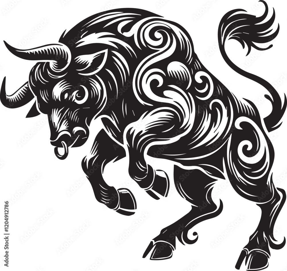 Fototapeta premium Big Bull looking dangerous with big horn and angry strong bull vector black and white.
