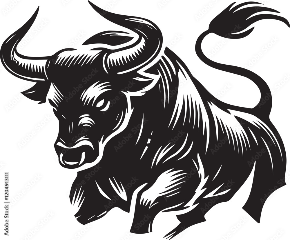 Big Bull looking dangerous with big horn and angry strong bull vector black and white. Big Bull looking dangerous with big horn and angry strong bull vector black and white.