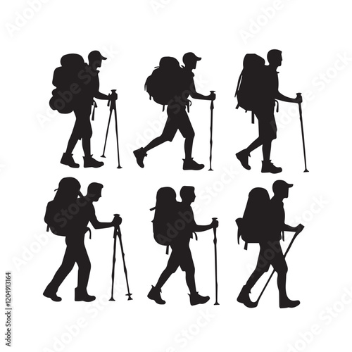 Set of silhouette of Hiking man. hikers with rucksacks and backpack silhouette.