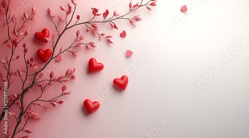 Romantic Valentine's Day Background with Red Hearts and Cherry Blossoms