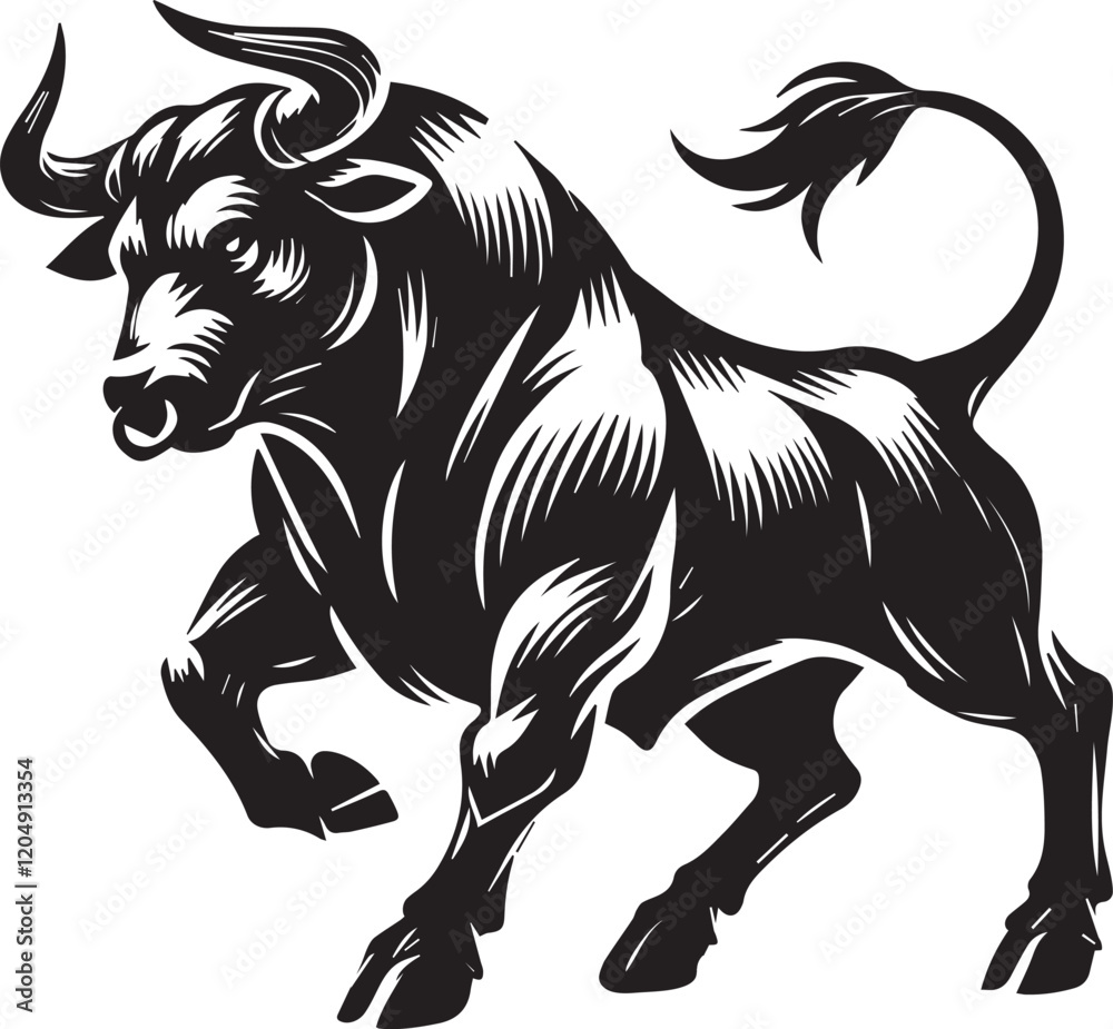 Obraz premium Big Bull looking dangerous with big horn and angry strong bull vector black and white.