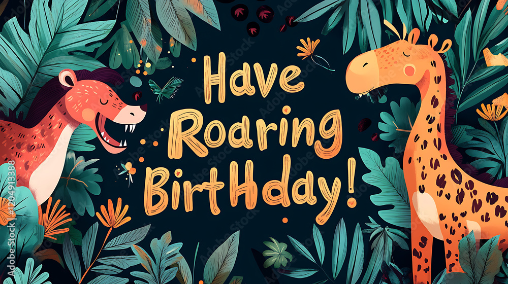 Obraz premium card featuring tropical leaves, wild animals, and 