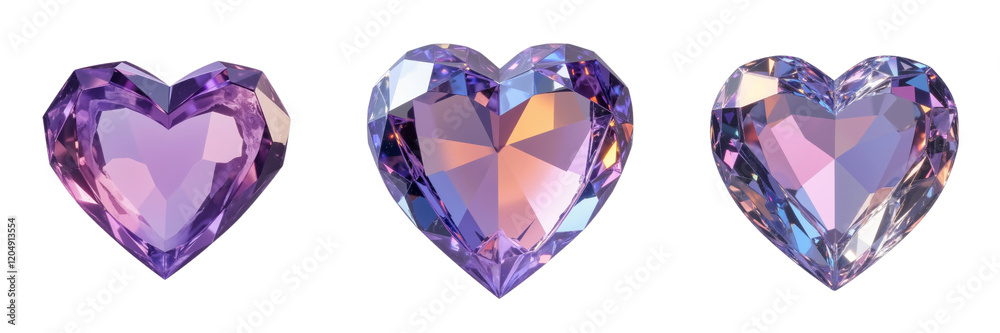 Three Heart-Shaped Purple Crystals Reflecting Internal Facets Three Heart-Shaped Purple Crystals Reflecting Internal Facets