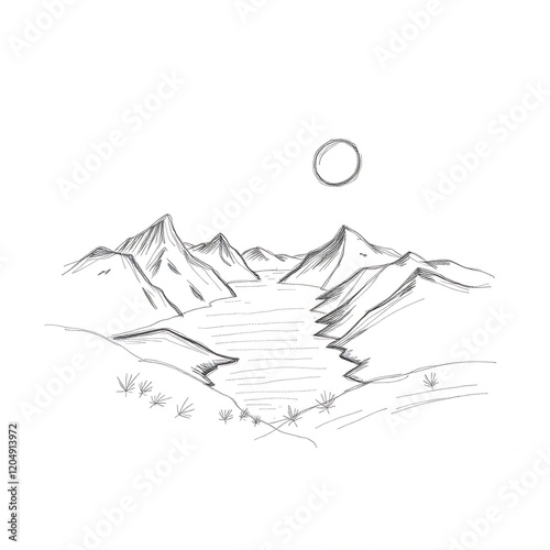Minimalist line drawing of mountains and lake.
