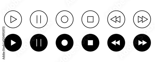 Play and pause icon collection. Media player icon collection. Music player icon collection. Play, pause and skip button signs. Play and pause button symbols. Vector illustration