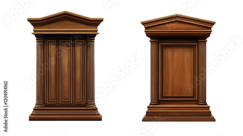 Two wooden pillars with a design on them
