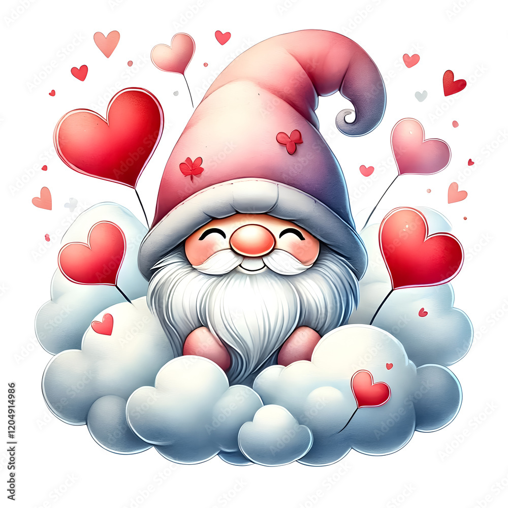 Obraz premium Cute gnome sitting on a cloud with hearts