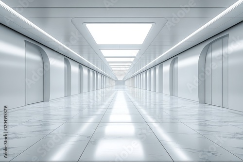 3D Rendering of Futuristic White Empty Space with Long Corridor and Square Light Box on Ceiling, Abstract Interior Design for Technology and Science Theme
